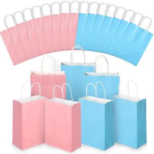 Skyygemm 32 Pcs Paper Gift Bags Bulk with Handle, 6.3 x 3.2 x 8.6 Inch Assorted Colors Kraft Goodie Gift Wrap Bags for Birthday Party Favor Decor(Blue and Pink)