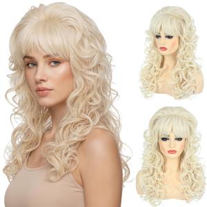 PUREHAIR 80s Long Blonde Bouffant Wig - Perfect for Womens 60s 70s Disco Party or Halloween Costume - Long Blond Wavy Wigs with Bangs for Women Drag Queens Cosplay (Blonde)