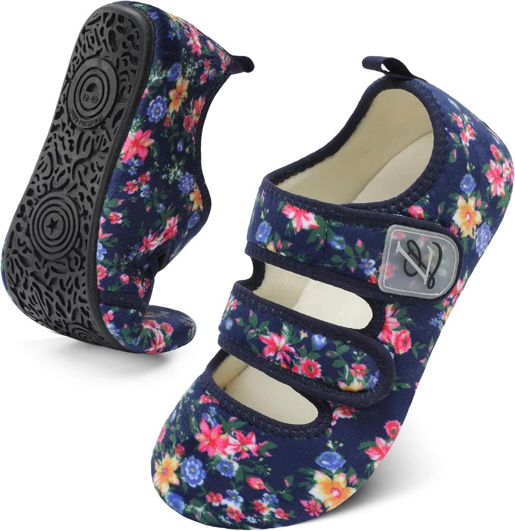 LeIsfIt Womens Slippers Adjustable Diabetic Slippers Wide Soft Arthritis Edema House Shoes Warm Fuzzy Slipper Socks with Rubber Sole (5.5-6.5, Navyflower)