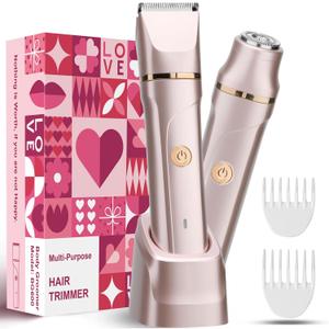Bikini Trimmer for Women 2 in 1 Electric Razors Shaver Facial Hair Removal for Women Pubic, Armpit, Face &Precision Areas, IPX7 Waterproof,Rechargeable Dock, Rose Golden