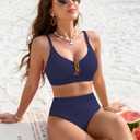 BMJL Womens High Waisted Bikini Sets Ribbed V Neck Lace Up Back Swimsuits | durable and non-see-through fabric, push up top, adjustable straps, removable pads, metal U-wire, color block, full coverage (Blue, L)