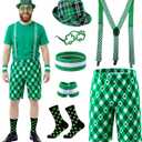 St. Patrick’s Day Leprechaun Costume Set for Men, Shamrock Shorts with Suspenders, Green Hat, Socks & Glasses (S)