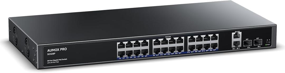 24 Port Gigabit PoE Switch,AUMOX PRO 28 Port PoE with 2 x Uplink Gigabit Ports, 2 x 1G SFP Slots 400W SG528P ,Plug and Play,Metal Case Desktop, Wall Mount or Rackmount Network Switch,802.3af/at