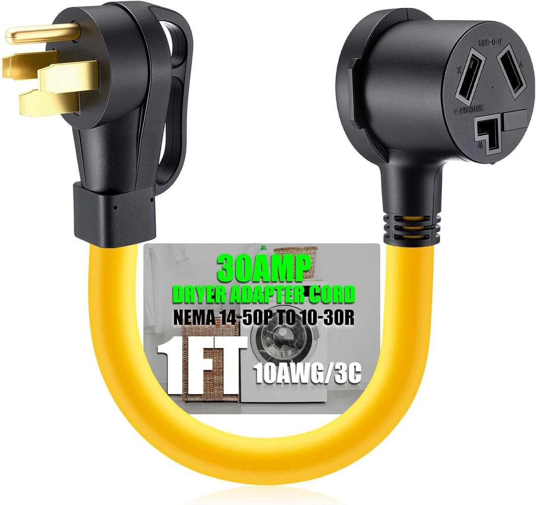 Kanayu 50Amp to 30Amp Dryer Adapter Cord compatible with NEMA 14-50P Male to 10-30R Female, 4 Prong Male to 3 Prong Female Power Cord For RV Generator to Dryer Handle, STW 10 AWG/3C, 1FT, ETL Listed (Yellow)