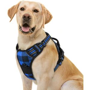 rabbitgoo Dog Harness No Pull with 2 Leash Clips, Adjustable Soft Padded, Reflective Oxford No Choke Pet Vest with Easy Control Handle for Large Dogs, Blue Plaid, L