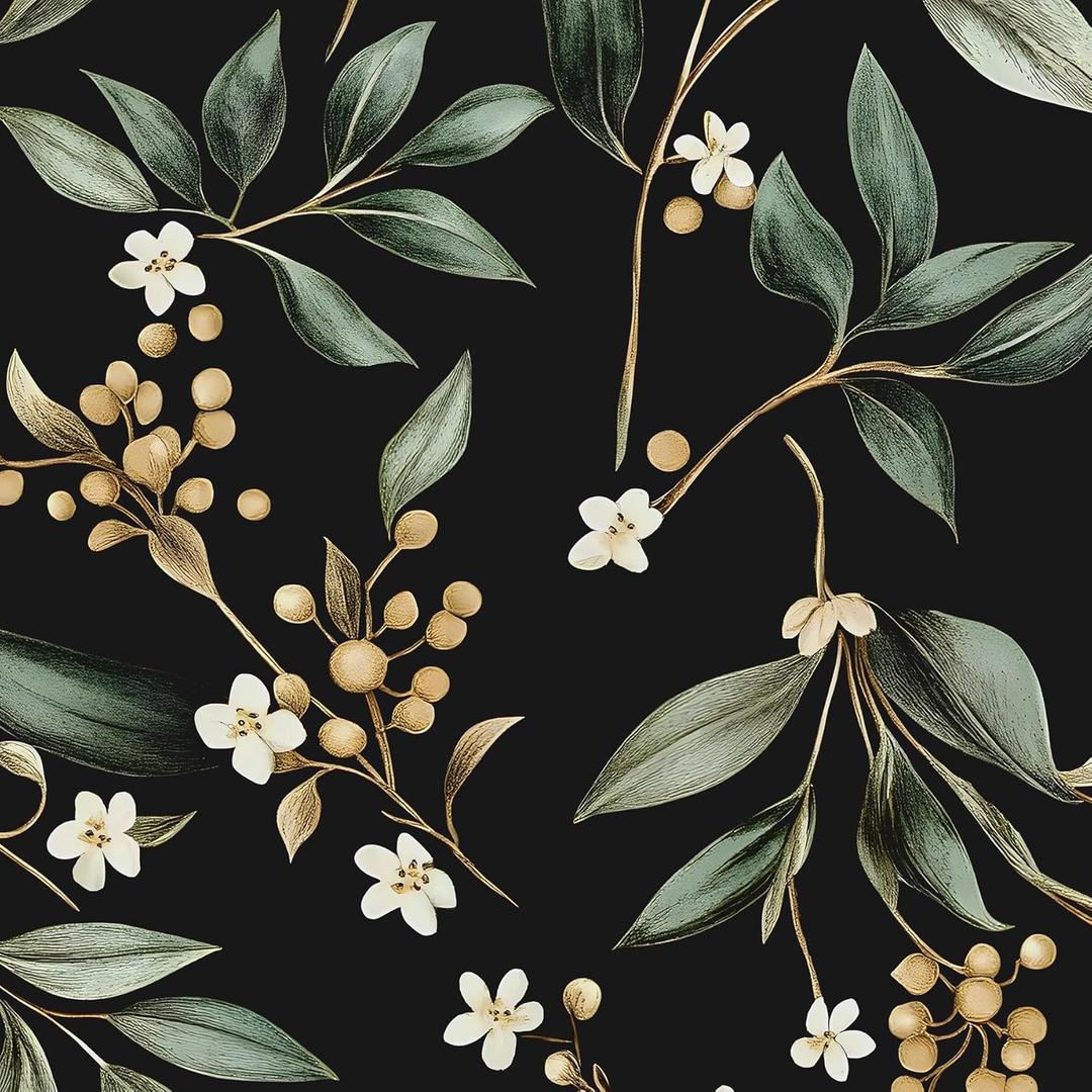 Extra Long Dark Peel and Stick Wallpaper 17.5" x 393"  Vintage Floral Green Leaf Botanical Self-Adhesive Vinyl Contact Paper for Bathroom Bedroom Kitchen Cabinet Drawer Walls PVC DIY Decor (Black/Green/Yellow)