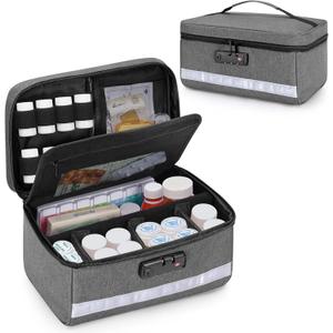 Damero Locking Pill Bottle Organizer with Inner Dividers, Medicine Storage and Organizer Bag Combination Lock for Medicine, Vitamins and Medical Supplies, Gray