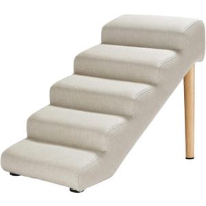 Senneny Imitation Linen Faux Leather Dog Stairs, for Pets up to 150 lbs, Waterproof, Scratch Resistant Pet Steps/Stairs with High Density Foam and Detachable Wooden Legs, Light Beige Linen, 5 Step