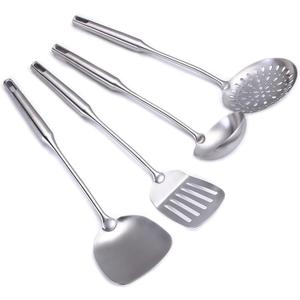 304 Stainless Steel Cooking Utensil Set 4-Piece Kitchen Utensils with Extra-Long Handles, Spatula,Ladle,Slotted Spoon,Slotted Spatula,One-Piece Construction, Ideal for Wok, Grilling, and Gifting