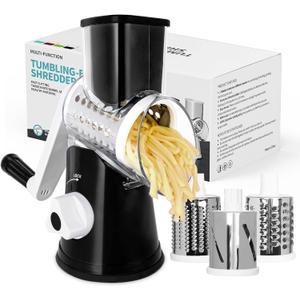 X Home Rotary Cheese Grater for Kitchen, Shredder with 3 Interchangeable Blades, Rotary Grater with Handle and Strong Suction Base, for Vegetables, Fruit, Nuts, Easy to Use and Clean, Black