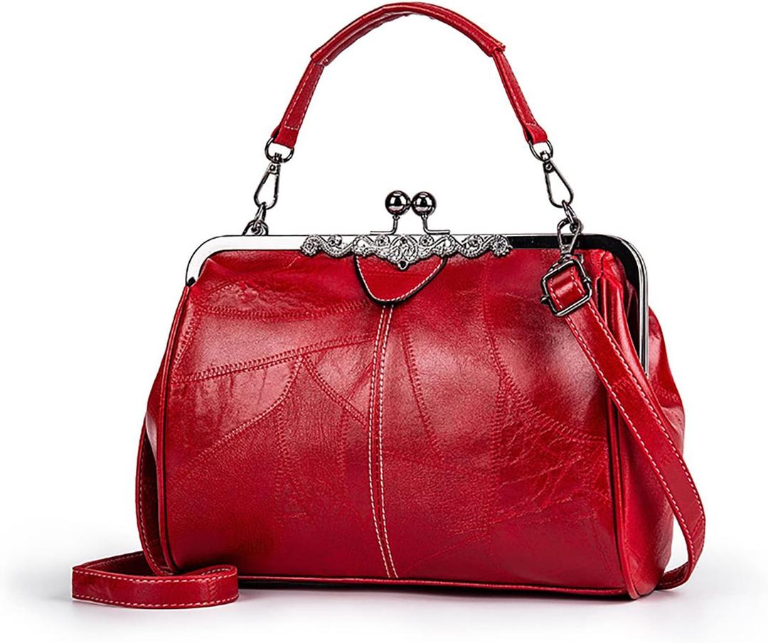 Women Vintage Hollow Handbag Oil Leather Shoulder Crossbody Bag Clutch Satchel Purse with Kiss Lock Closure (Wine Red)