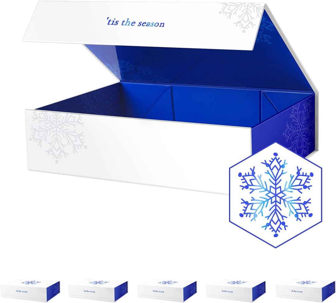 PACKHOME 6 Christmas Gift Boxes 13x9.7x3.4 Inches, Large Gift Boxes with Lids, Sturdy Shirt Boxes with Magnetic Lids for Wrapping Gifts (Blue Snowflake Pattern)