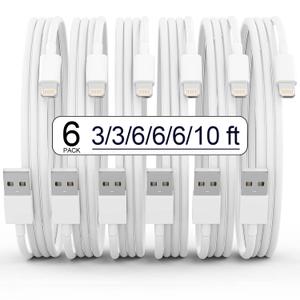 iPhone Charger 6Pack(3/3/6/6/6/10 FT) Apple MFi Certified Lightning Cable Fast Charging iPhone Charger Cord TPE Durable Braided USB Charging Cords for iPhone 14/13/12/11/X/8/7/Plus, iPad, AirPods (White)