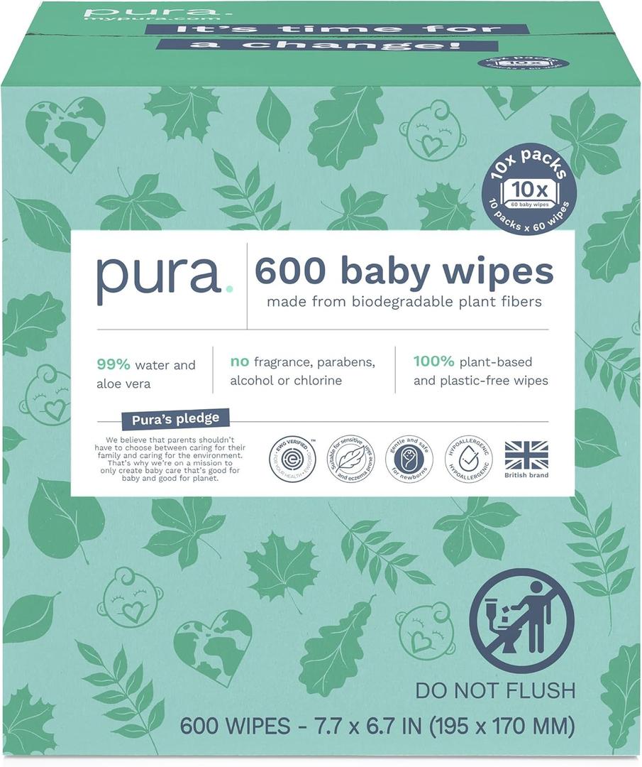 Pura Natural Sensitive Baby Wipes, 99% Water, Unscented & Hypoallergenic, Suitable for Sensitive & Eczema-prone Skin, Hypoallergenic, EWG Verified, 9Pack of 60 Wet Wipes (600 Diaper Wipes) Bulk Buy