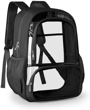 KIMNERPU Clear Backpack, Fabric & PVC Transparent Backpack with Reinforced Strap for Women Men, Heavy Duty Transparent Bookbag, Large Capacity Clear Bag, Travel, Security, Black