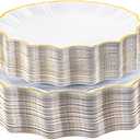 Rubtlamp Heavyduty 60Pcs Gold Plastic Plates - White Scalloped Plates with Gold Trim - Fancy plastic plates- 30 Dinner & 30 Dessert Platos for Party, Wedding (30 Guests)