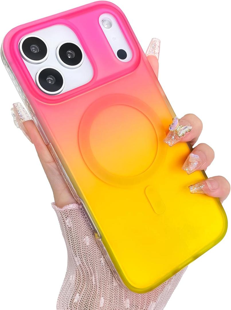 Aesthetic Case for iPhone 17 Pro Max Case for Women Girls [Compatible with Magsafe] Cute Girly Trendy Glitter Sparkly Rainbow Magnetic Protective Phone Cover, Matte Iridescent Red & Yellow