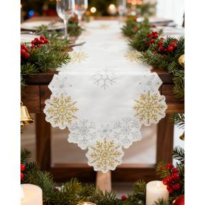 Christmas Table Runner with Snowflake Embroidery, Winter Table Runner for Dining Room,Red Elegant Christmas Table Decor 1370IN (Silver)