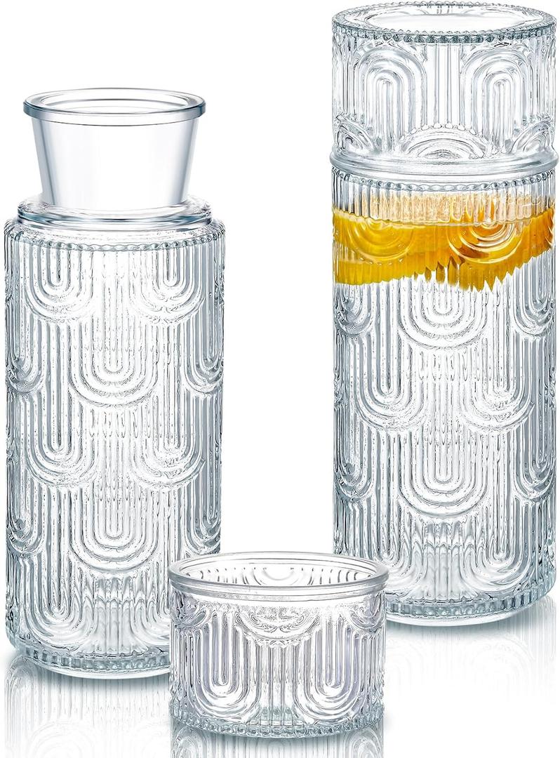 Hushee 4 Pcs Bedside Water Bottle and Glass Set Two Carafe and Glass Set 21.6 oz Water Bottle with Two Lids Mouthwash Dispenser for Bathroom Kitchen Nightstand