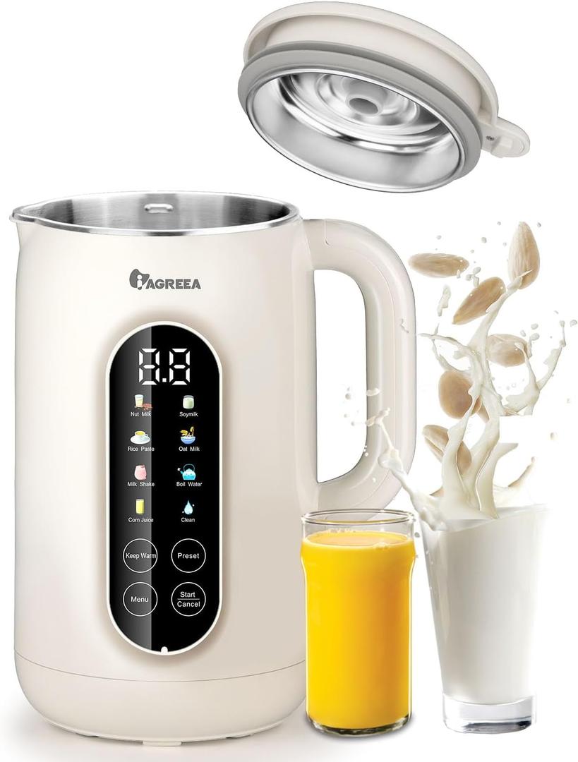 IAGREEA 8 in 1 Nut Milk Maker Machine Stainless Steel Lid BPA Free for Homemade Almond/Oat/Soymilk, 35 oz(1L) Almond Milk Maker with 8 Mins Self-Cleaning, 2 hrs Keep Warm, 750W Stirring Power, White