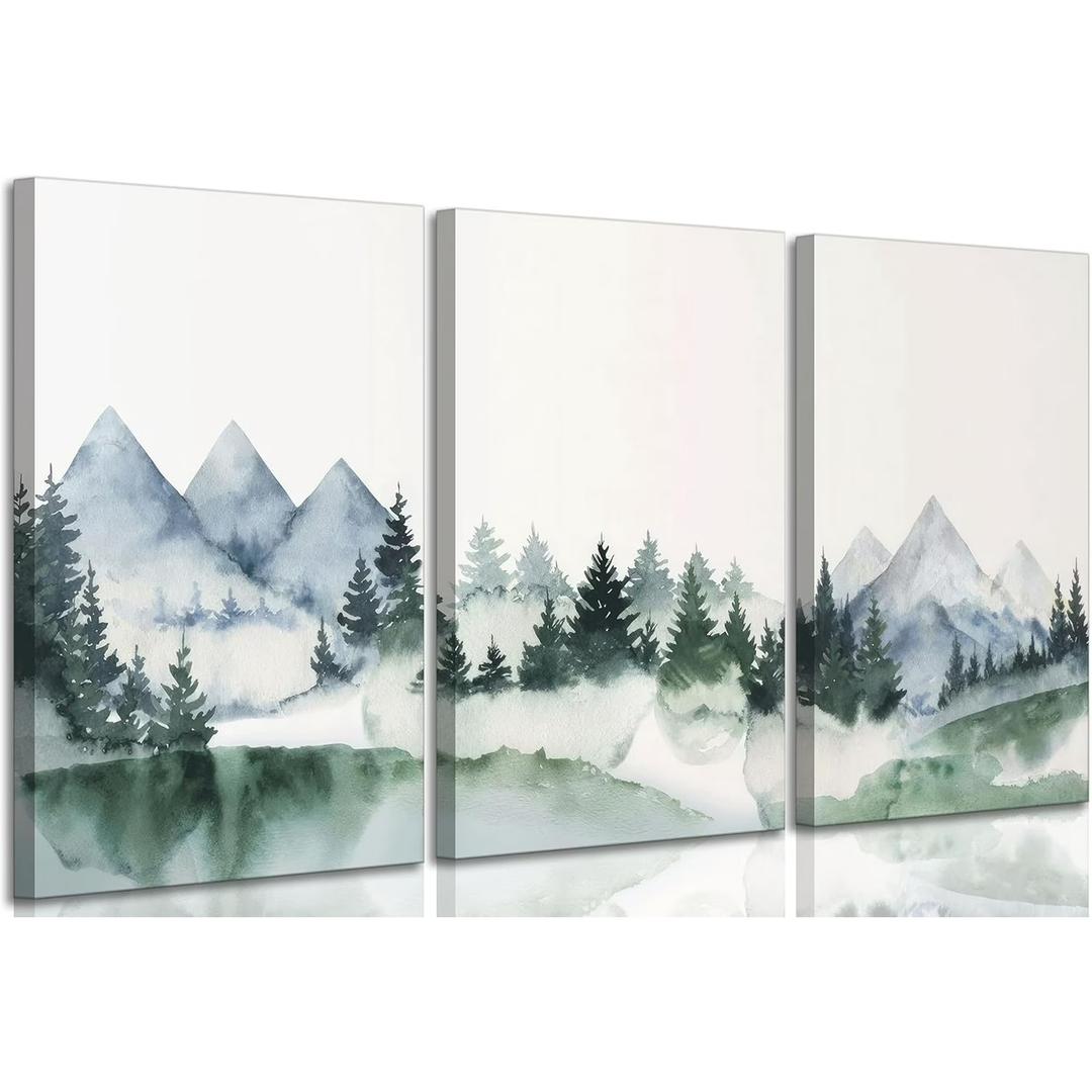 3Pcs Modern Mountains Canvas Wall Art Green Watercolor Misty Pine Forest Nature Minimalism Abstract Landscape Painting Picture Wall Decor Poster Print Artwork for Living Room Bedroom Office Unframed