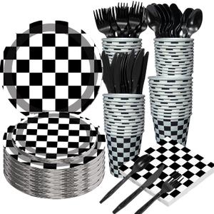 175 PCS Checkered Flag Party Supplies Disposable Dinnerware -Car Paper Plates Napkins Cups, Black Plastic Forks Knives Spoons for Girls Boys Birthday Baby Shower Decorations,25 Guests