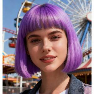 Purple Bob Wig With Bangs 12 Inch Short Synthetic Fiber Bob Wigs for Women Short Bob Wigs and Halloween Cosplay Wig for Daily Life Colorful Wigs With One Cap (Purple)