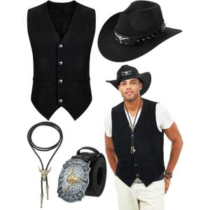 Cutecrop 4 Pcs Western Cowboy Outfits for Men Suede Leather Vest Hat Bolo Tie Belt for Western Halloween Cosplay, XL