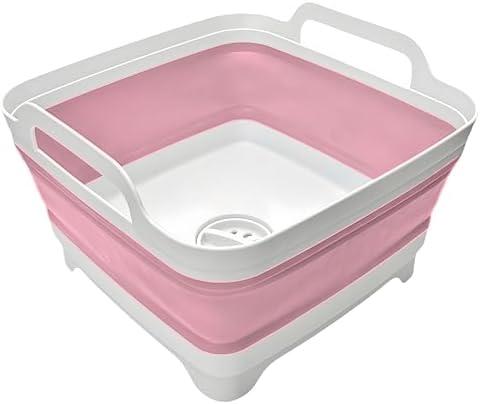 Collapsible Wash Basin 9L, Foldable Dish Tub with Drain Plug, Portable Collapsible Dish Basin, Camping Sink for Washing Dishes, Laundry & Kitchen Use (Pink)