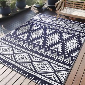 OLANLY Outdoor Rug Waterproof 6x9 ft, Reversible Outdoor Plastic Straw Rug, Boho Patio Rug, Indoor Outdoor Carpet, RV Mat Outside for Patio, Camp, Picnic, Balcony, Deck, Backyard, Navy & White
