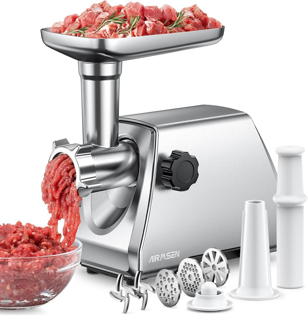 AIRMSEN Electric Meat Grinder & Mincer  Heavy Duty Professional Stainless Steel Sausage Maker & Stuffer with 3 Plates, 2 Stainless Blades & Kubbe Kit  Fast, Quiet, Easy to Clean for Home Kitchen Use (Standard)