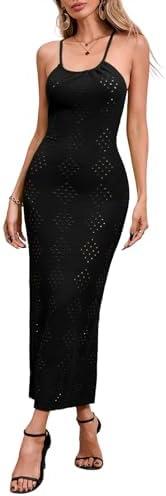 Fisoew Womens Crochet Swimsuit Cover Up Sleeveless Halter Neck Sexy Bodycon Backless Summer Knit Beach Vacation Maxi Dress, L