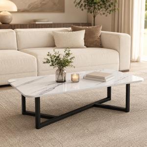 Coffee Table for Living Room, 39.37 Inch Faux Marble White Table with Black Metal Frame, Modern Center Table with Rounded Corners, Adjustable Non-Slip Feet, Apartments and Small Spaces, 39.37 x 21.6 x 18.11 inches