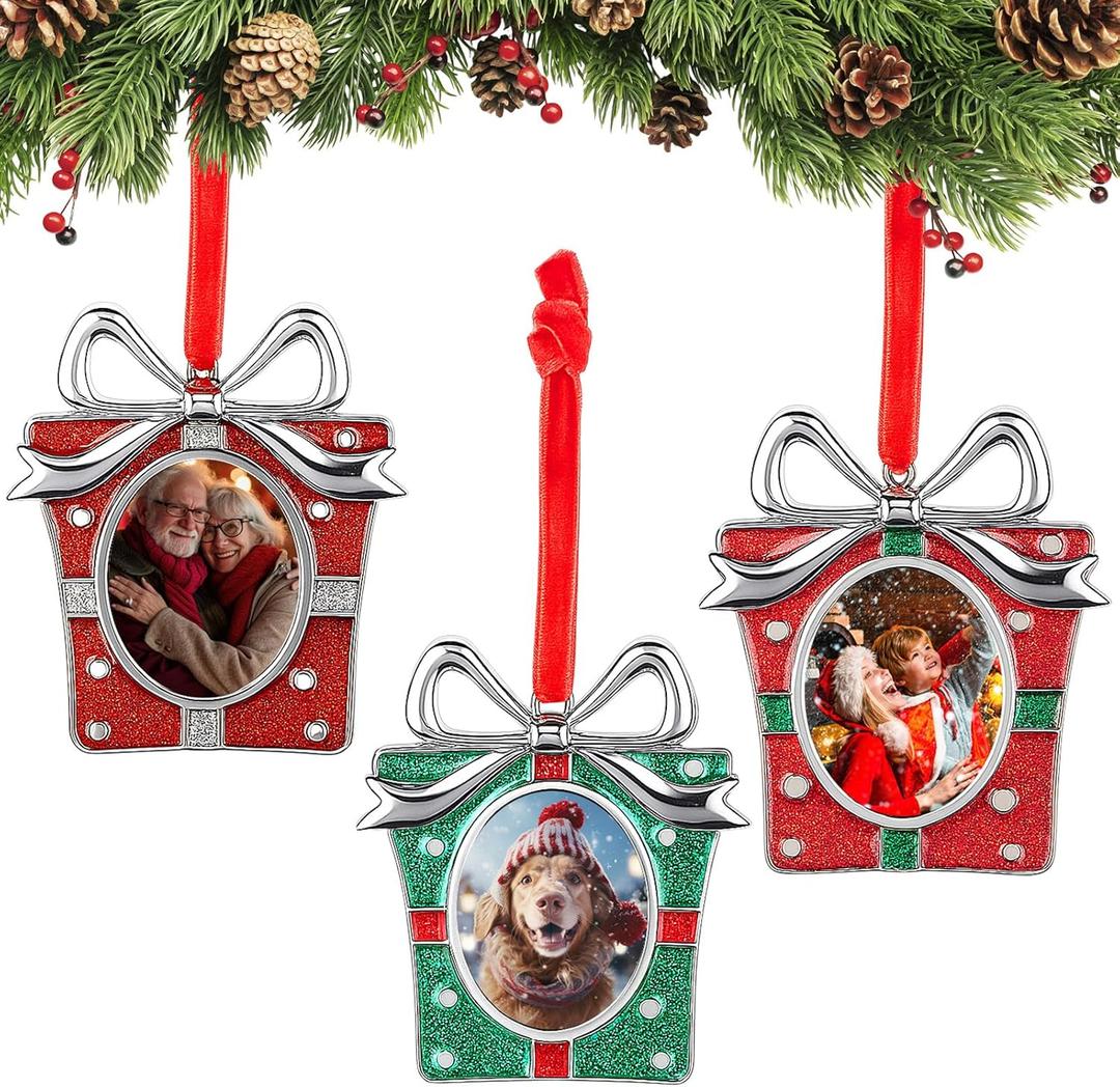 Kathfly 3 Pcs Christmas Picture Frame Ornaments, Christmas Metal Photo Frame Xmas Tree Hanging Decoration Silver Red Green Glitter for Pet Home Family Party Gift