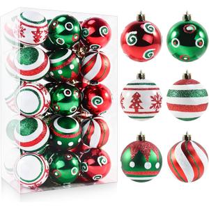 2.36 Christmas Balls Ornaments - 30PCS Plastic Christmas Tree Ornaments Balls Shatterproof, 2025 White Green and Red Hanging Decorations for Christmas