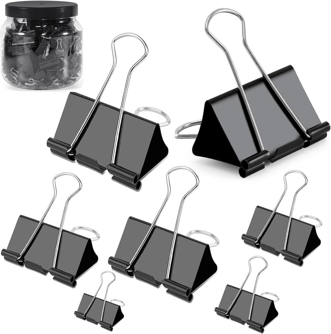 Ufmarine Binder Clips Paper Clips Assorted Sizes 200 Count (Black), Metal Paper Binder Clips with Box for Office, School and Home