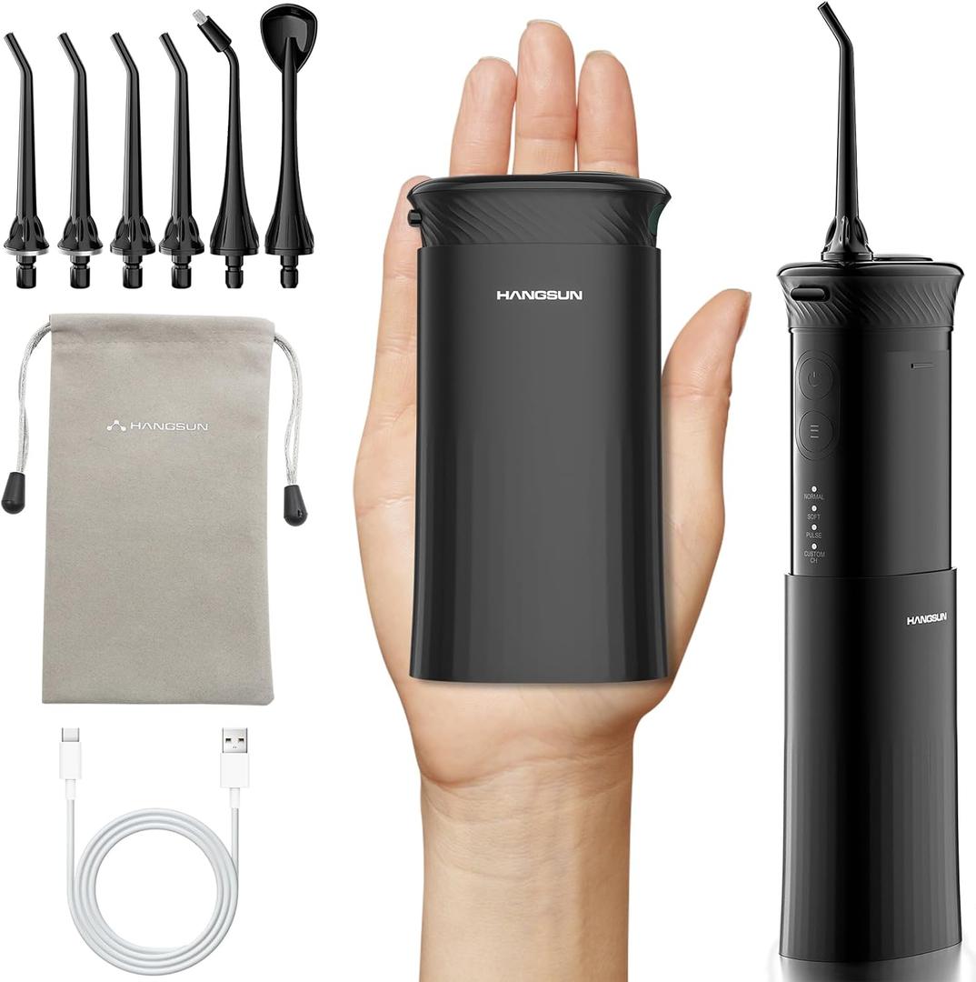 HANGSUN Water Flosser for Teeth - Portable Travel Cordless, 30 Days Battery, Deep Plaque Removal, 4 Adjustable Modes, 6 Nozzles for Sensitive Gums & Braces, IPX7, Telescopic 180ml Tank, Black