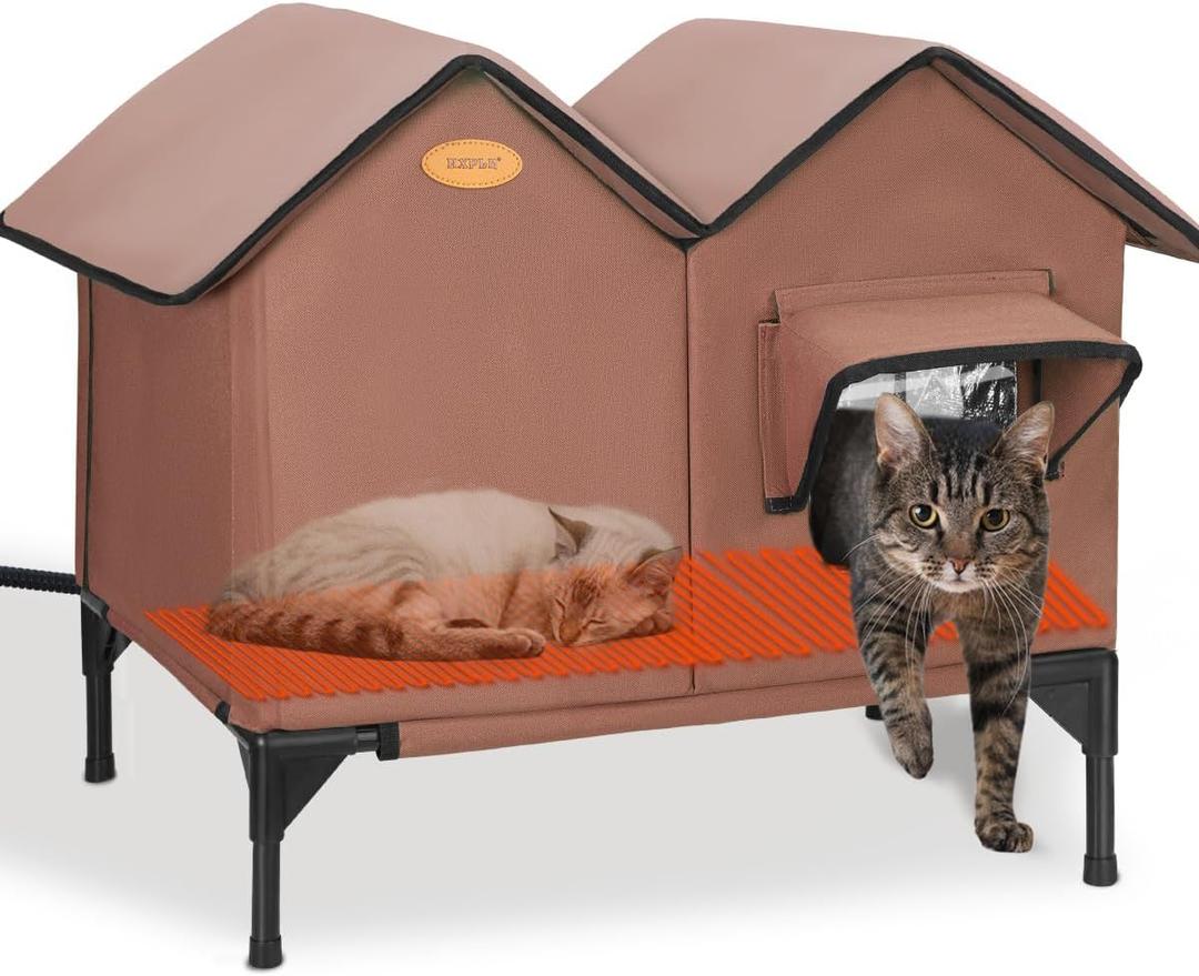 Heated Cat House for Outside in Winter Insulated Elevated Outdoor Cat House Weatherproof, Escape Door, Large Feral Cat Shelter Heated Bed for 2~3 Cats Stray Barn Kitty, Easy Assembly