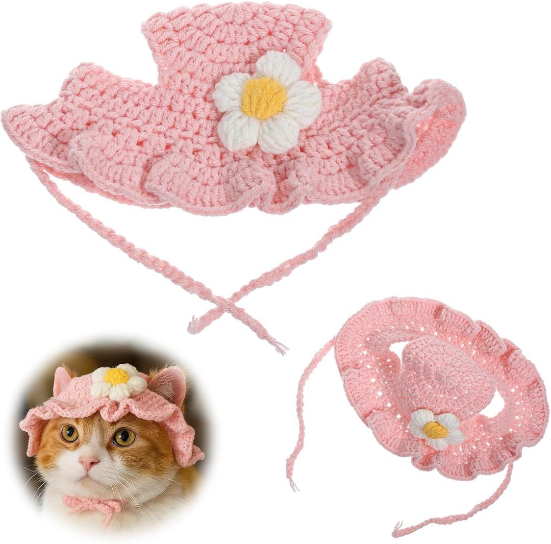 Cute Cat Hat Soft Cotton Knitted Hats Pet Costume Accessories Headwear Cap for Puppy Cats Kitten Dogs Birthday Party Christmas Halloween (Pink)