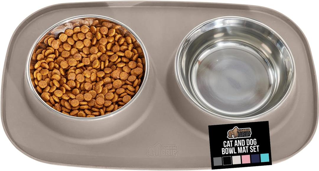 GORILLA GRIP Feeding Mat Set, 4 Cup, Patent Pending 100% Waterproof BPA Free Silicone, Stainless Steel Cat and Dog Bowls, Slip Resistant, High Edges Catch Water Food, US Designed Pet Accessories Beige