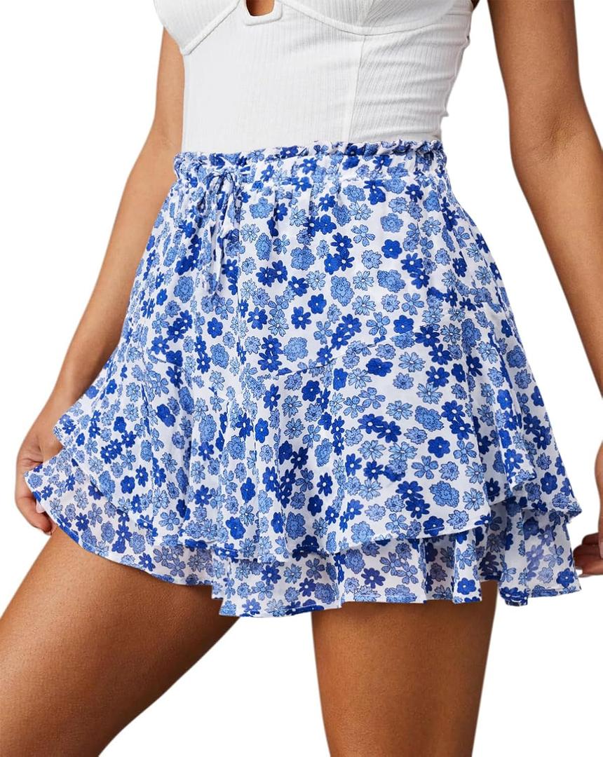 Flowy Shorts for Women Casual Cute Floral Skorts Chiffon Ruffle Tennis Mini Skirts Butterfly Summer Boho Shorts (Blue, S)