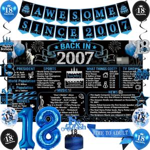Trgowaul 18th Birthday Decorations for Boys, 20PCS Black Blue Back in 2007 Birthday Party Supplies, Blue Vintage Banner, Sash, 18th Cake Topper, Latex Balloon, 18 Year Old Set
