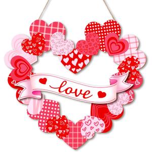 Happy Valentine's Day Door Sign Pink Valentines Wreath Sign Wooden Heart Shaped Hanging Sign with Love Patterns for Wedding Anniversary Room Window Wall Door Decor (Pink Wreath)