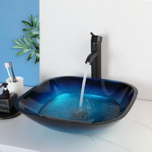 HM HomeMieco 17 Inch Square Blue Glass Vessel Sink Bathroom Bowl Sink with Faucet and Drain, Above-Counter Modern Bathroom Sink Basin for Vanity