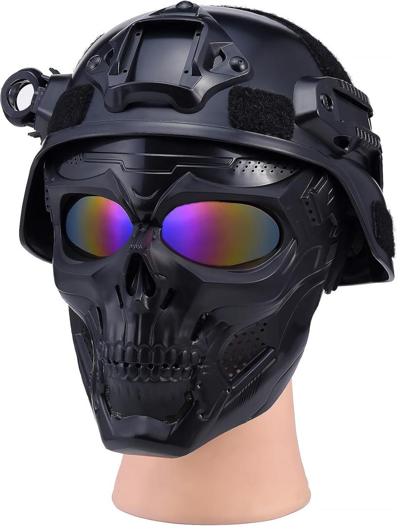 Airsoft Tactical Helmet, Full Face Mask for Men, Paintball Helmet, NVG Mount and Side Rails, Adjustable Strap - Complete Tactical Gear for Cosplay and Movie Props (SkullColor)