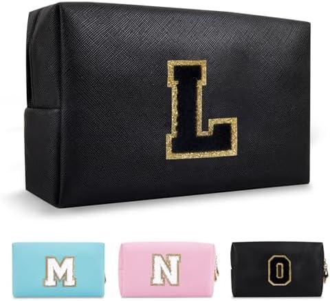 Personalized Initial A-Z Preppy Patch Makeup Bag,Small PU Chenille Letter Cosmetic Bag with Zipper for Teen Girls,Black Cute Toiletry Organizer Bag,Monogram Makeup Case Gift for Women Girls,Letter L