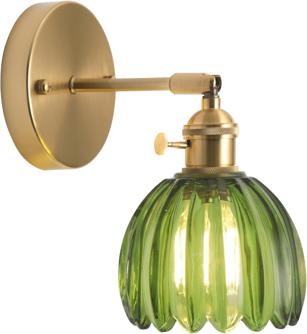 Wall Sconces, Vintage Wall Lighting Fixture with Switch 180 Degree Adjustable, Glass Modern Wall Lamp for Bedroom Bathroom Doorway Living Room (Tulips Green)