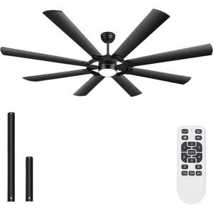 Ohniyou 76 inch Large Ceiling Fans with Lights and Remote, 8 Wood Blades Black Outdoor Modern Industrial LED Lights Ceiling Fans with Reversible Quiet DC Motor for Living Room Patio Farmhouse Bedroom