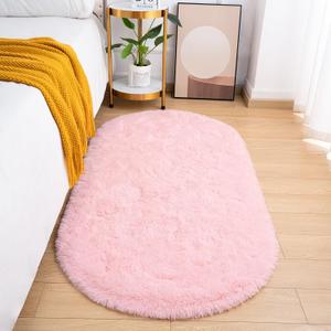 Fluffy Bedroom Rug, Small Oval Area Rugs, Pink Shag Bedside Carpet for Kids Room Nursery Dorm Cute Fuzzy Indoor Decor for Boy and Girl, 2.6 x 5.3 Feet
