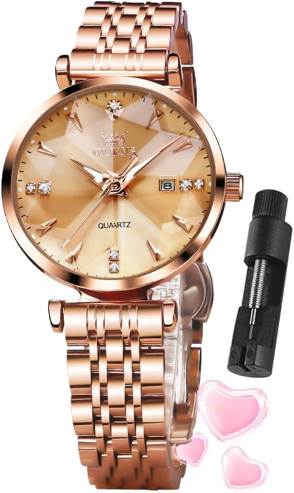 OLEVS Women Watch Fashion Rose Gold Diamond Analog Quartz Female Watches for Women Luxury Dress Ladies Stainless Steel Luminous Waterproof Date Wristwatches